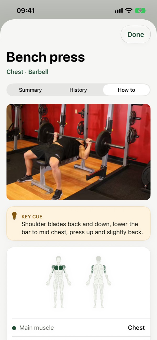 The bench press page: a photo of the lift, the key cue (shoulder blades back and down, lower the bar to mid chest, press up and slightly back) and a body map of the muscles it works.