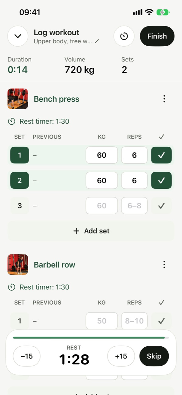 The workout logger: two bench press sets of 60 kg for 6 reps ticked, 720 kg of volume so far, and a rest timer at 1:28 with minus 15, plus 15 and Skip.